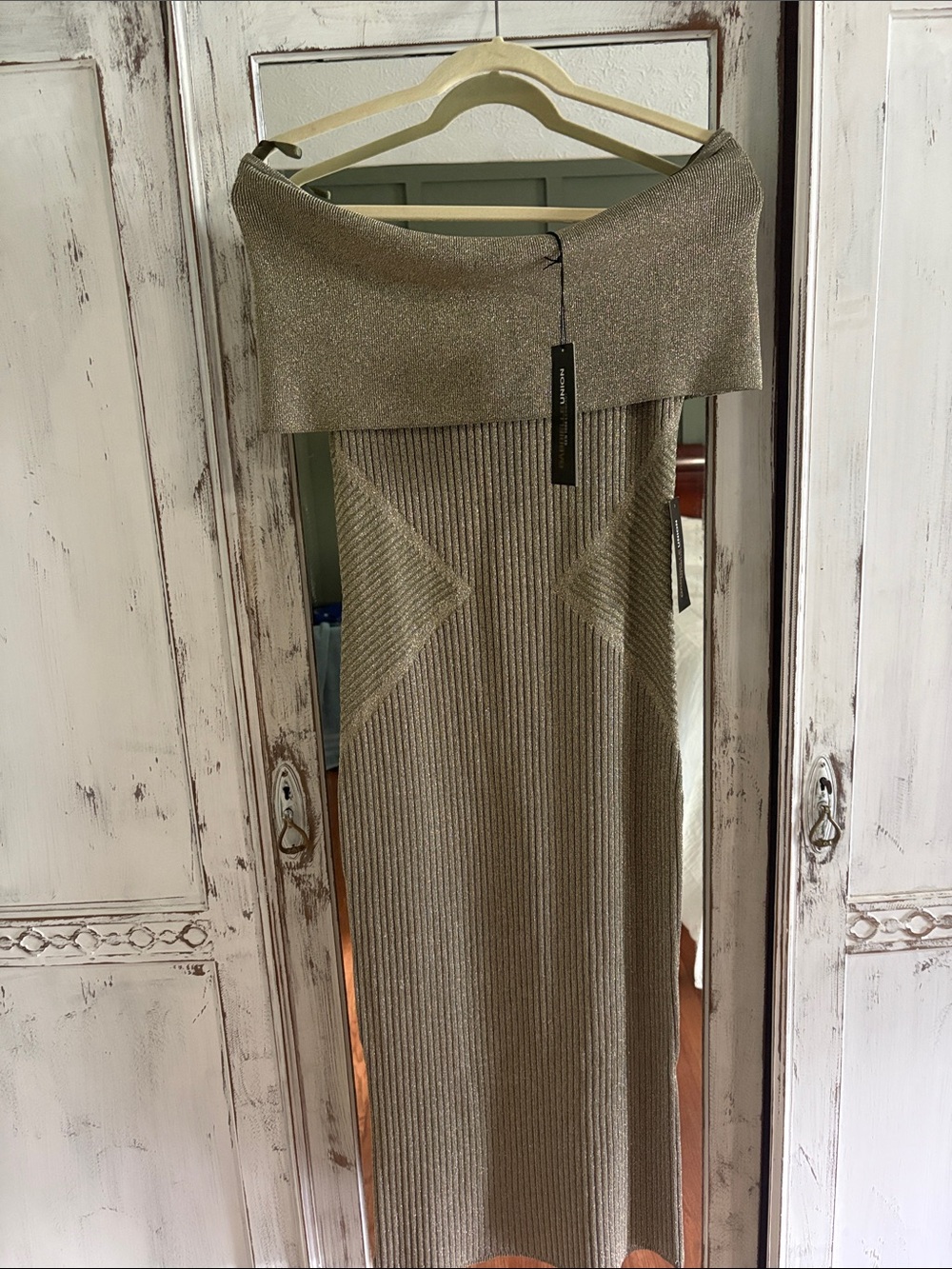 NY&C Sparkle Off-Shoulder Maxi Skirt in Metallic Taupe